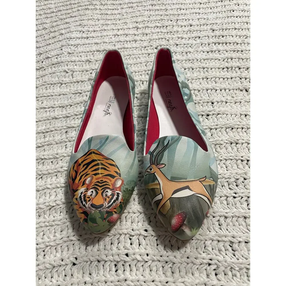 Reefs Flats Tiger Deer Wildlife Ballerina Forest Shoes Womens 36 Green Handmade